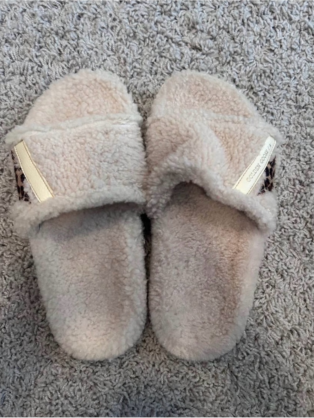Golden Goose Cream Sherpa Slide Slippers with Gold Accent